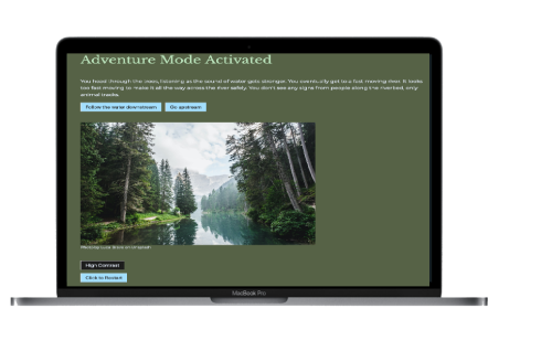 A screenshot of the Adventure Mode Activated website. It shows a paragraph of the story with two button options on a dark green background. Below is a picture of a river in the forest.