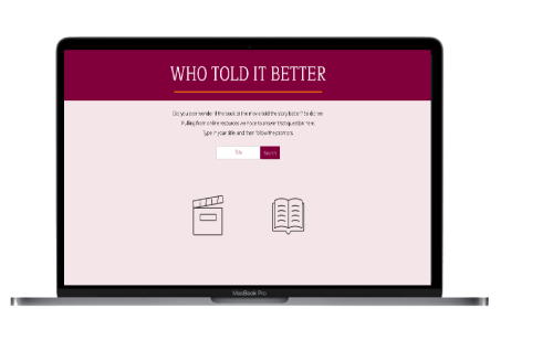 A screenshot of the Who Told It Better website. It has the title on a burgundy background with a continue button underneath the title.